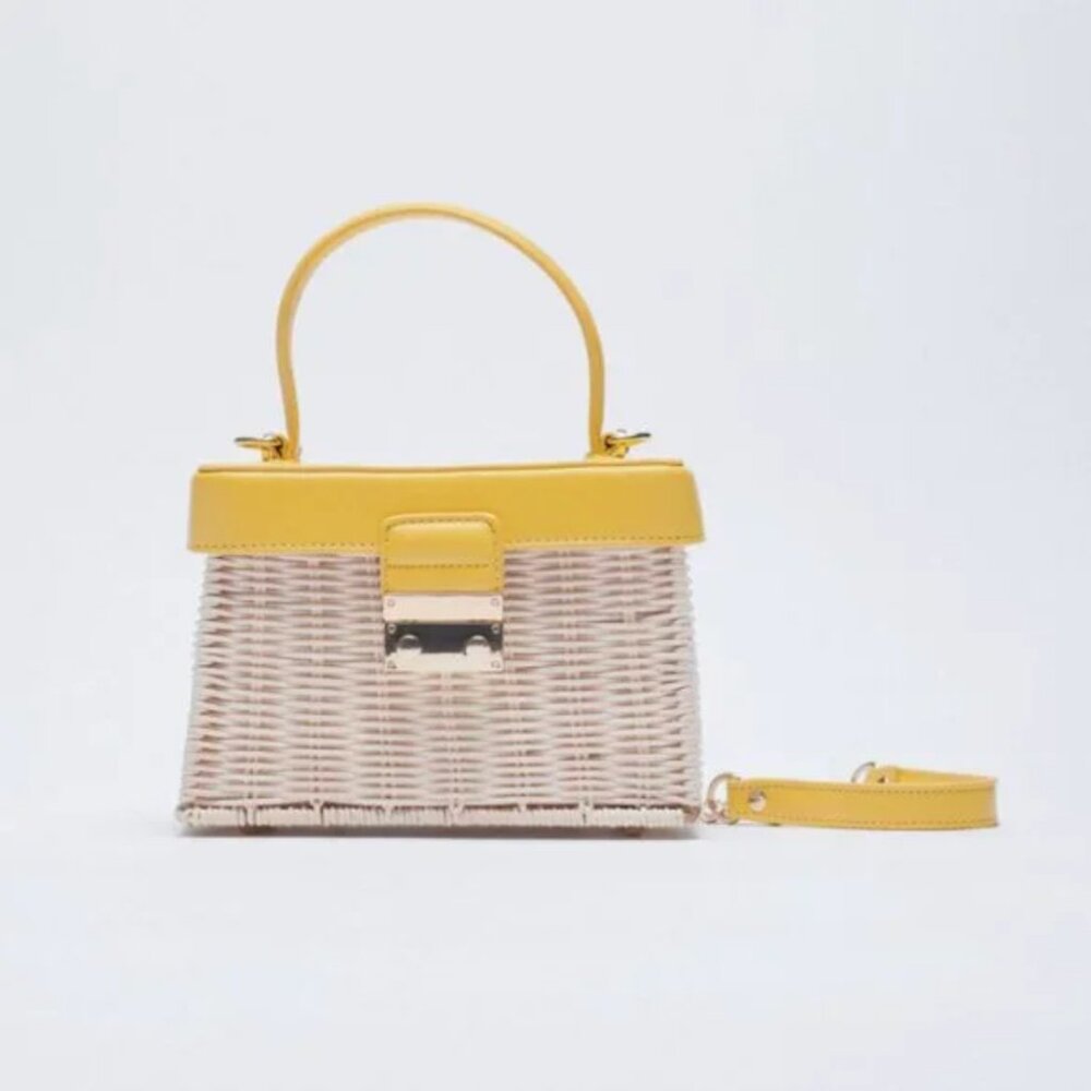 Zara Rattan Box Bag with Handle Yellow